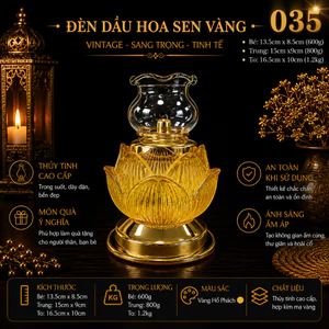 Đèn Dầu Thủy Tinh Liên Hoa Mã 035 Sắc Vàng Hổ Phách - Chạm Khắc Đài Sen Cổ Phong Dày Dặn, Trang Trí Bàn Thờ, Trà Đạo