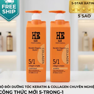 Cặp Dầu Gội Xả HE BaU Cam Keratin Organic Biotin Collagen 5/1 Phục Hồi Tóc 1000ml Chính Hãng