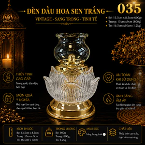 Đèn Dầu Thủy Tinh Hoa Sen Trắng Mã 035 Trong Suốt - Chạm Khắc 3D Cổ Phong Đầm Chắc, Trang Trí Bàn Thờ, Thiền Trà