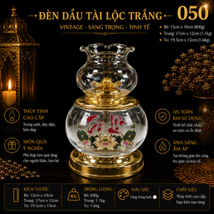 Đèn Dầu Thủy Tinh Chữ Tài Lộc Mã 050 - Bầu Trong Suốt Họa Tiết Liên Hoa Cổ Phong, Trang Trí Bàn Thờ, Không Gian Trà Đạo