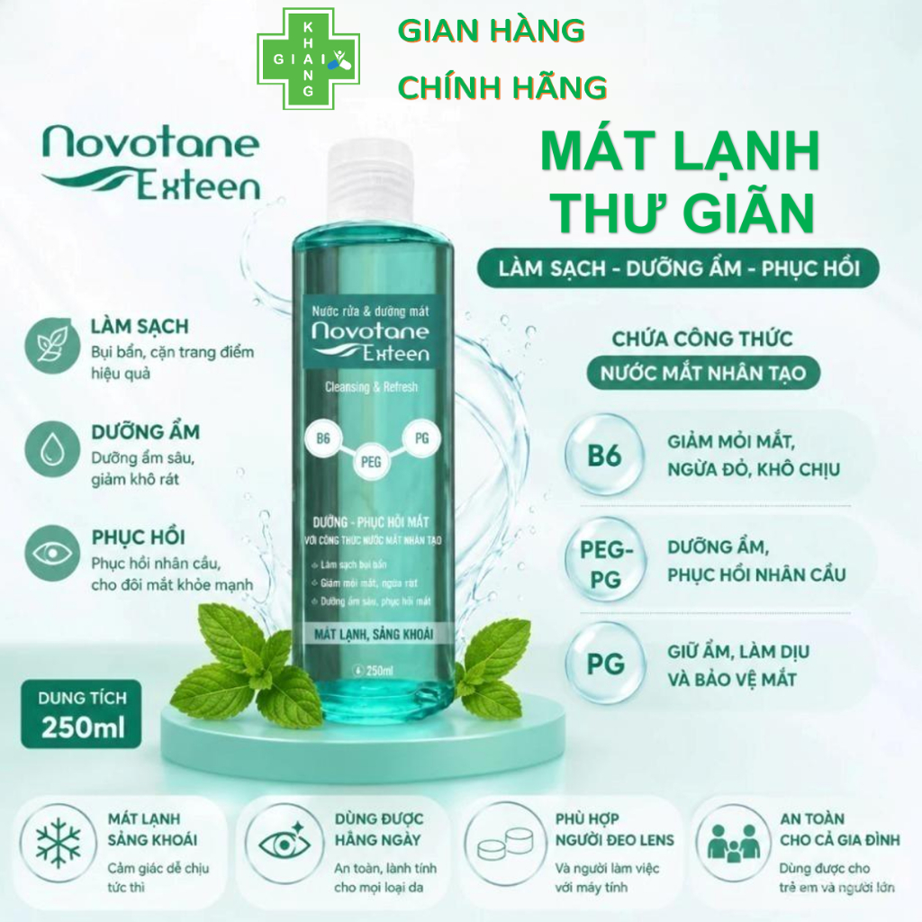 Giúp đôi mắt sáng khỏe cùng nước rửa và dưỡng mắt Novotane Exteen Refresh xanh lá (Chai 250ml)