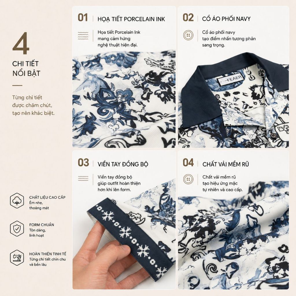 Sơ mi LORIEN họa tiết Porcelain Ink xanh navy nghệ thuật, chất vải Lụa Chéo mềm rũ cao cấp, phối cổ sang trọng - FEAER