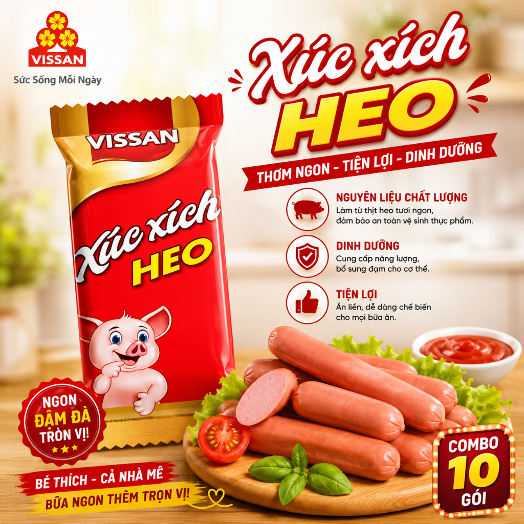 [Combo 10 gói] Xúc Xích Vissan Heo Gói 90g – 5 Cây x 18g – Ăn Liền Ngon – Hàng Chính Hãng