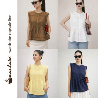 SWANLAKE | Áo Kiểu Nữ Sát Nách Xếp Ly Cổ Tròn Cài Nút Nhún Eo Chất Tơ Cotton Dạo Phố Hè A13863