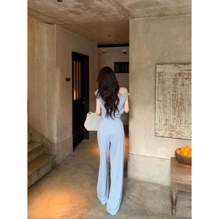 HB - ​Set Áo Lệch Vai Đính Hoa Kèm Thắt Lưng Quần Ống Rộng Sang Trọng Đi Tiệc Công Sở S126