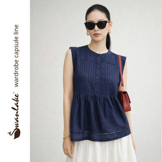 SWANLAKE | Áo Kiểu Nữ Sát Nách Dáng Babydoll Xếp Ly Cổ Tròn Chất Tơ Cotton Dạo Phố Hè A13863