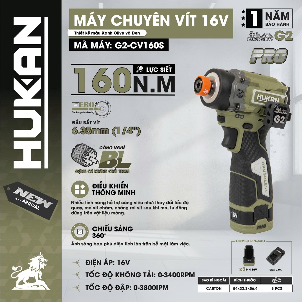 Máy Chuyên Vít Búa HUKAN G2-CV160S |16V - Sạc Nhanh | Lực Siết 160Nm | Động Cơ Không Chổi Than |Đầu 1/4 Inch| BH 12T