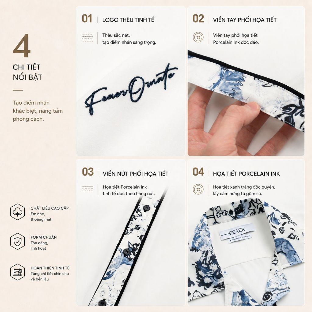 Áo sơ mi ECHO phối họa tiết Porcelain Ink nghệ thuật, phong cách resort dễ phối mùa hè, chất vải mềm mát ít nhăn - FEAER