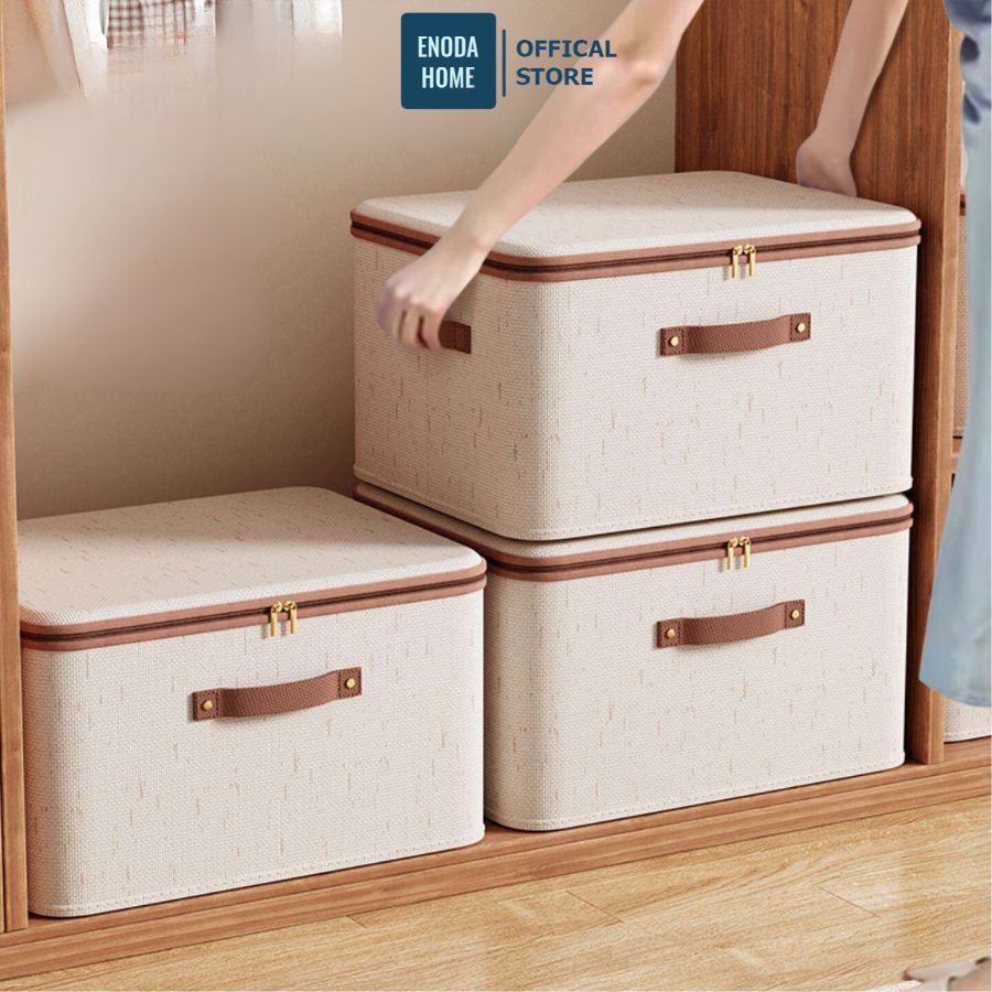 Hộp Đựng Quần Áo Vải Cotton Có Nắp ENODA HOME, Hộp Đựng Đồ Đa Năng Có Khóa Kéo Kín Bụi, Gấp Gọn HV150