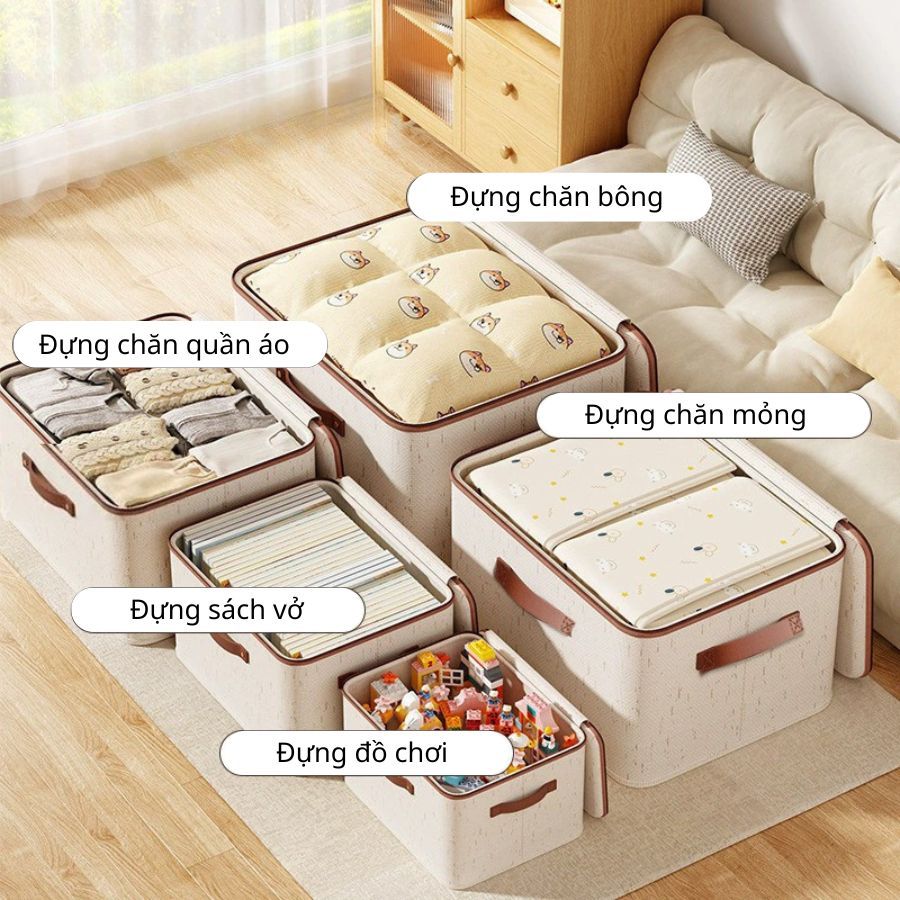 Hộp Đựng Quần Áo Vải Cotton Có Nắp ENODA HOME, Hộp Đựng Đồ Đa Năng Có Khóa Kéo Kín Bụi, Gấp Gọn HV150
