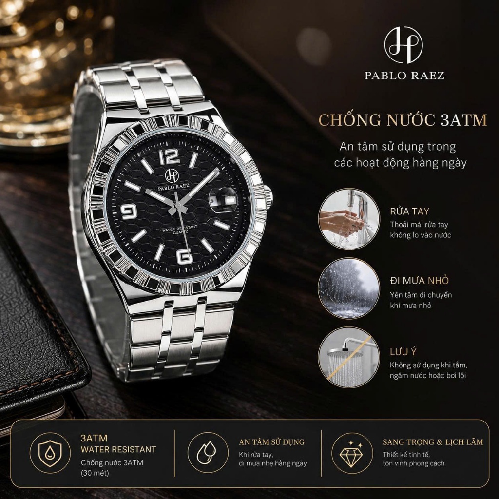 Đồng hồ nam dây thép N588 PABLO RAEZ chống nước 3ATM thiết kế sang trọng 40mm CARIENT - ảnh khác