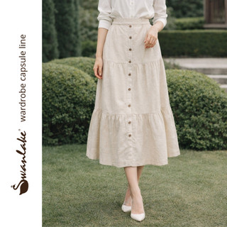 SWANLAKE | Chân Váy Nữ Dài Xòe Nhiều Tầng Lưng Thun Vải Linen Đính Nút Công Sở Thanh Lịch V13795