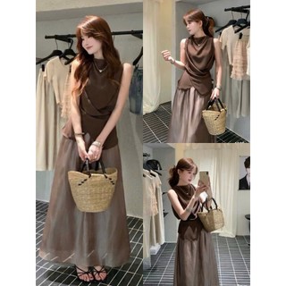 Set váy thời trang nữ thanh lịch chất áo tơ gãy cổ tròn cọc tay vạc chéo phối váy tơ ánh kim suông dài