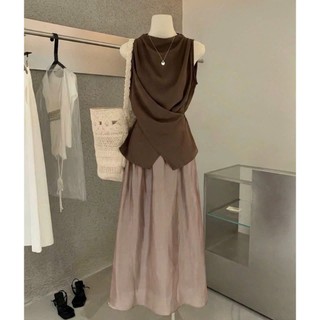 Set váy thời trang nữ thanh lịch chất áo tơ gãy cổ tròn cọc tay vạc chéo phối váy tơ ánh kim suông dài