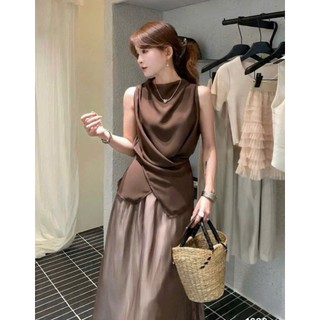 Set váy thời trang nữ thanh lịch chất áo tơ gãy cổ tròn cọc tay vạc chéo phối váy tơ ánh kim suông dài