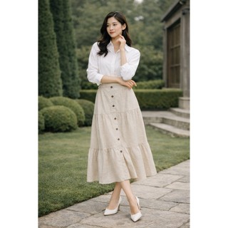 SWANLAKE | Chân Váy Nữ Midi Dài Đuôi Cá Xòe Xếp Tầng Lưng Thun Vải Linen Đính Nút Thanh Lịch V13795