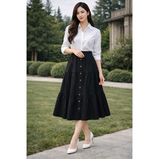 SWANLAKE | Chân Váy Nữ Midi Dài Đuôi Cá Xòe Xếp Tầng Lưng Thun Vải Linen Đính Nút Thanh Lịch V13795