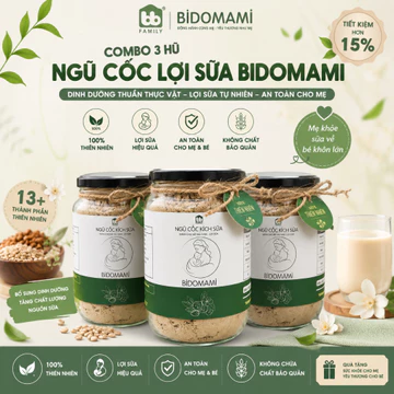COMBO 3 Bột ngũ cốc lợi sữa, kích sữa Bidomami , ngũ cốc lợi sữa cho mẹ sau sinh sữa về nhiều mát và đặc 600g