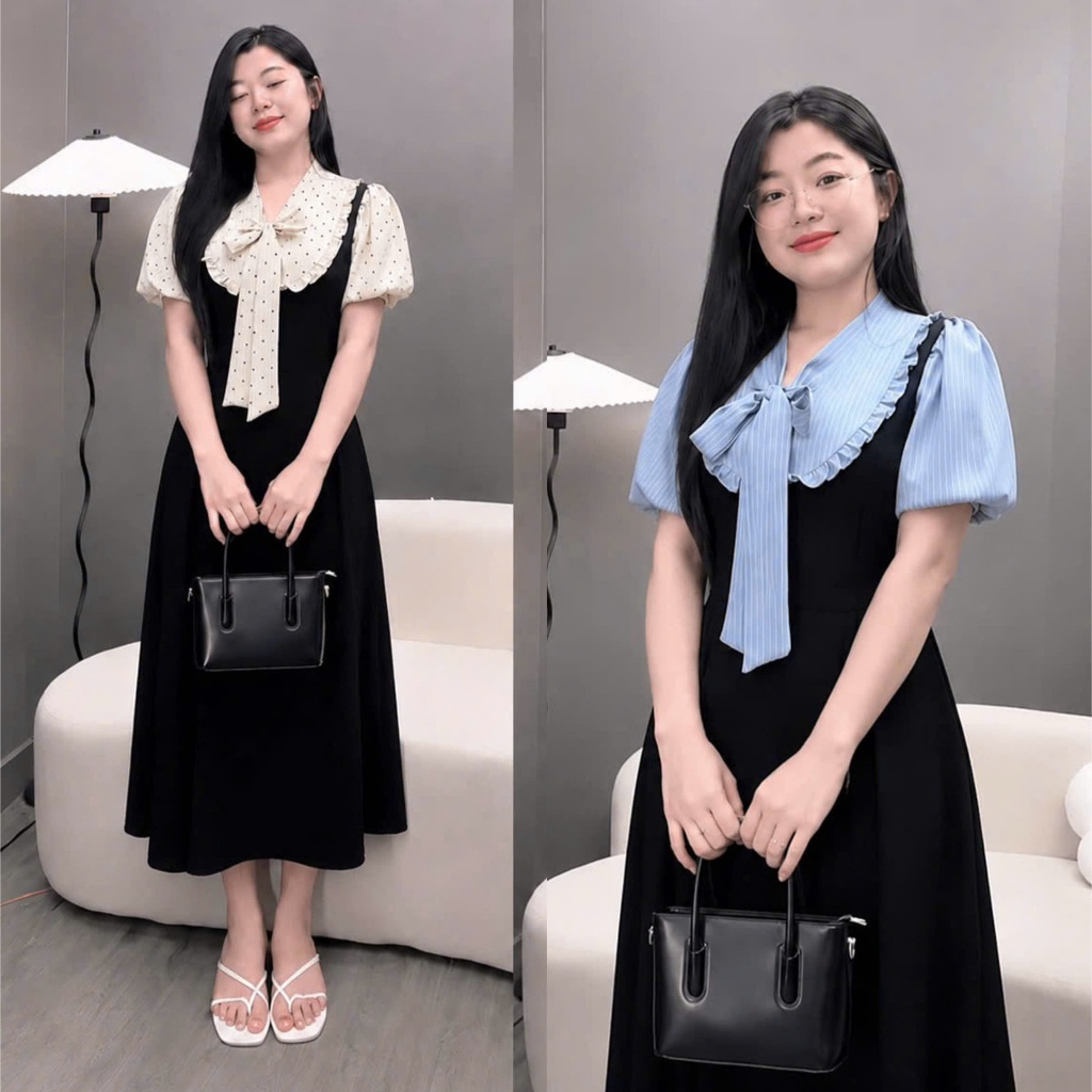 Đầm Bigsize Nữ Cổ Nơ Phối Màu Tay Phồng Dáng Xòe Thanh Lịch Đi Làm Đi Chơi Dự Tiệc Từ 58-92kg A695