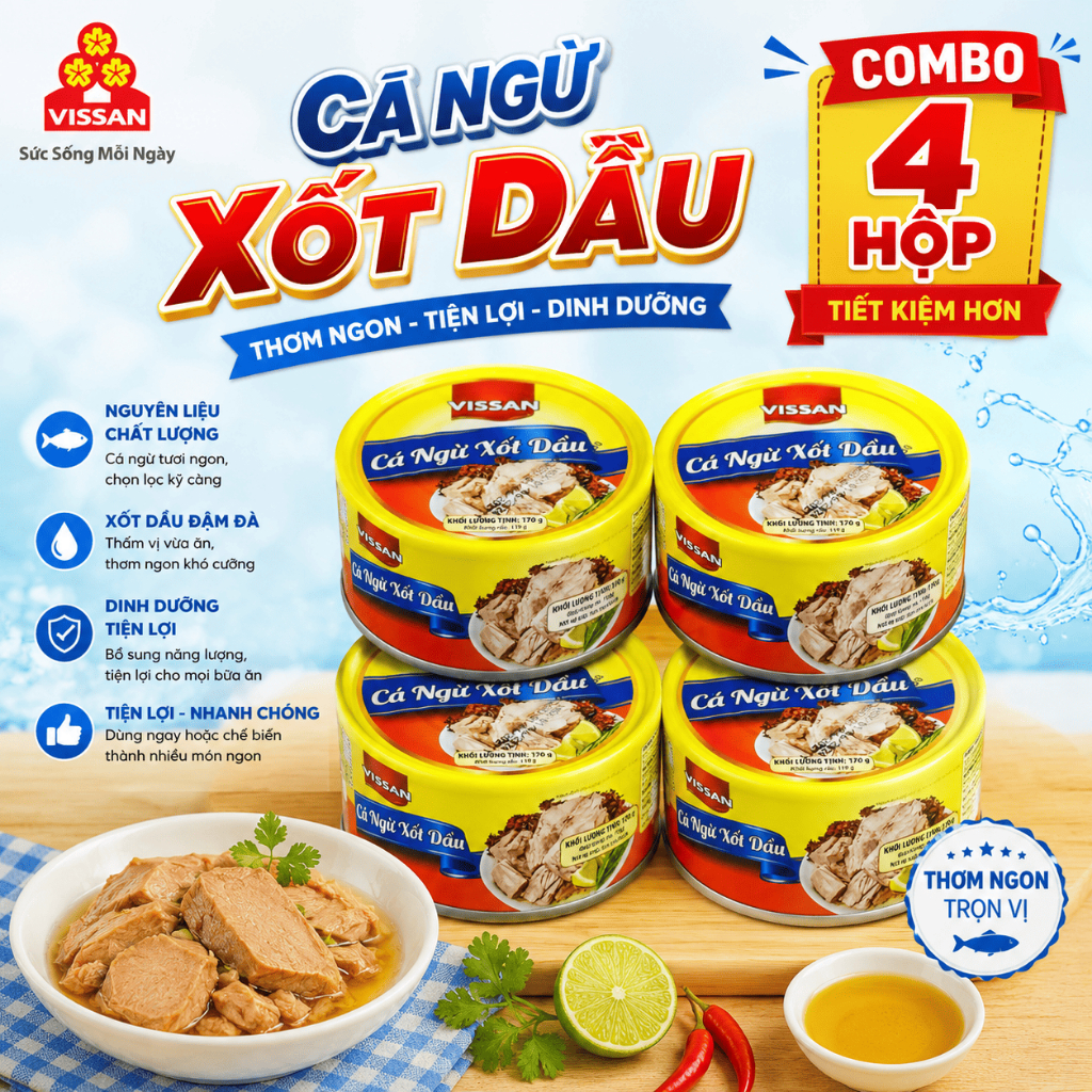 [ COMBO 4 HỘP ] Cá Ngừ Xốt Dầu Vissan – Date 2028, HSD 36 Tháng, Ăn Liền Tiện Lợi