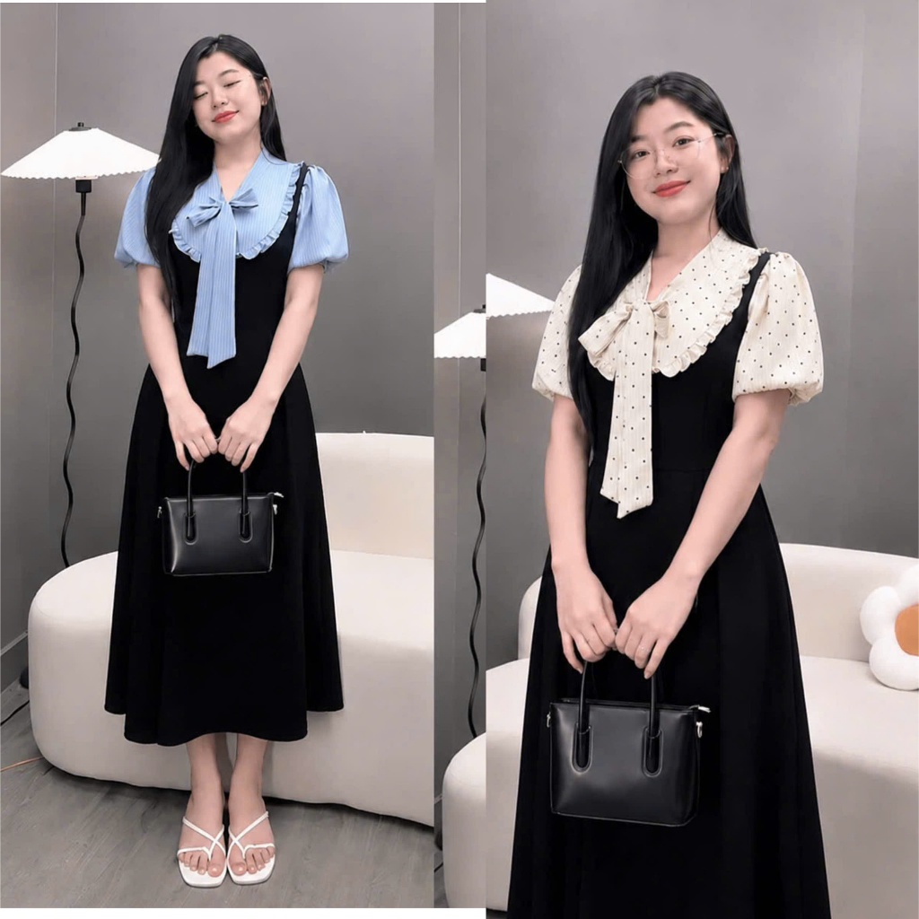 Đầm Bigsize Nữ Cổ Nơ Phối Màu Tay Phồng Dáng Xòe Thanh Lịch Đi Làm Đi Chơi Dự Tiệc Từ 58-92kg A695