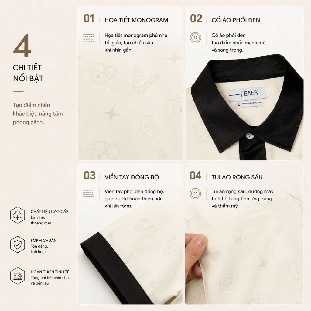 Áo sơ mi REPEAT nam phối viền đen nổi bật, họa tiết monogram hiện đại, chất vải Poplin Polyester giữ form tốt - FEAER