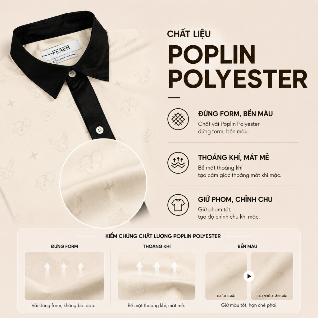 Áo sơ mi REPEAT nam phối viền đen nổi bật, họa tiết monogram hiện đại, chất vải Poplin Polyester giữ form tốt - FEAER