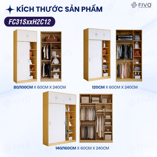 Tủ Quần Áo Cửa Lùa FIVO FC31 Gỗ Chống Ẩm Cao Cấp, Thiết Kế Hiện Đại - Thân Gỗ + Cửa Trắng, Freeship + Free lắp đặt