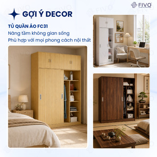 Tủ Quần Áo Cửa Lùa FIVO FC31 Gỗ Chống Ẩm Cao Cấp, Thiết Kế Hiện Đại - Thân Gỗ + Cửa Trắng, Freeship + Free lắp đặt