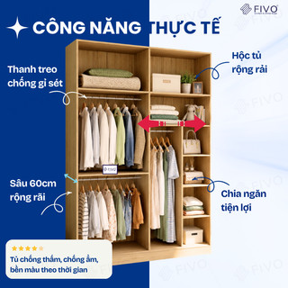 Tủ Quần Áo Cửa Lùa FIVO FC31 Gỗ Chống Ẩm Cao Cấp, Thiết Kế Hiện Đại - Thân Gỗ + Cửa Trắng, Freeship + Free lắp đặt