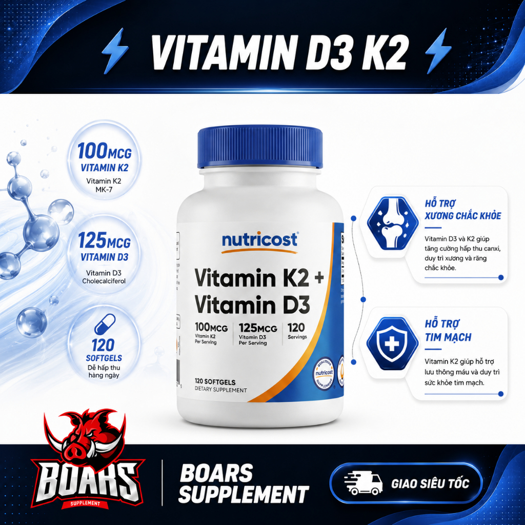 Thực phẩm sức khoẻ Vitamin D3 K2 Nutricost - Tăng cường sức khoẻ hệ miễn dịch, bổ xương khoẻ khớp