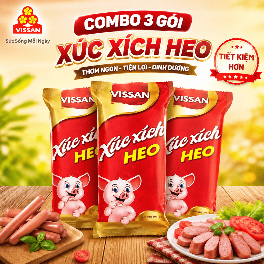 [Combo 3 gói] Xúc Xích Tiệt Trùng Vissan – 4 Cây 70g, 280g gói  – Ăn Liền Ngon