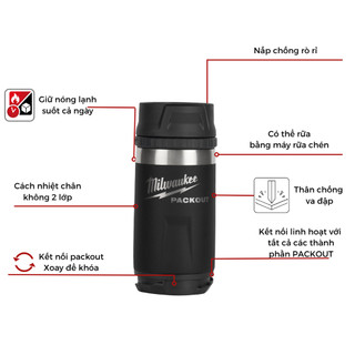 Bình Giữ Nhiệt Packout 12Oz (355ml) Milwaukee 48-22-8391 giữ nóng lạnh cả ngày, nhỏ gọn tiện lợi