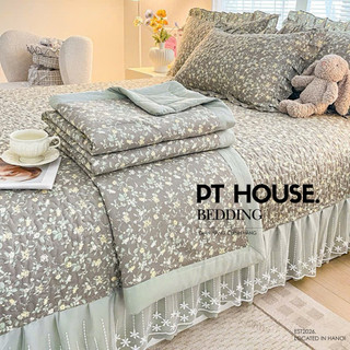 [TẶNG VỎ ÔM] Bộ Chăn Ga Gối Đũi Phủ Bèo PT House Họa Tiết Hoa Nhí Pastel - Chăn Ga Đũi 4 Món Mùa Hè Cao Cấp Chính Hãng