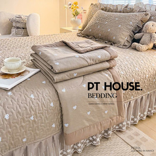 [TẶNG VỎ ÔM] Bộ Chăn Ga Gối Đũi Phủ Bèo PT House Họa Tiết Hoa Nhí Pastel - Chăn Ga Đũi 4 Món Mùa Hè Cao Cấp Chính Hãng