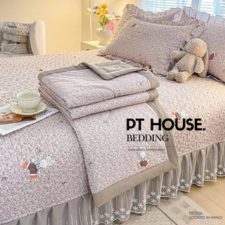 [TẶNG VỎ ÔM] Bộ Chăn Ga Gối Đũi Phủ Bèo PT House Họa Tiết Hoa Nhí Pastel - Chăn Ga Đũi 4 Món Mùa Hè Cao Cấp Chính Hãng