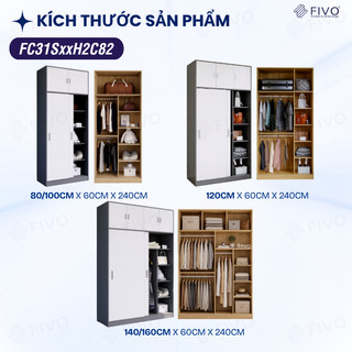 Tủ Áo Quần Cửa Trượt Màu Xám Sang Trọng FIVO FC31, Gỗ Chống Ẩm, Sức Chứa Lớn, Trả Góp 0%, Freeship + Free lắp đặt