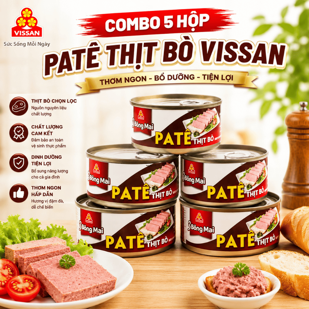 [Combo 5 Hộp] Patê Thịt Bò 3 Bông Mai Vissan – Chính Hãng Date 2028, HSD 36 Tháng, Ăn Liền Tiện Lợi