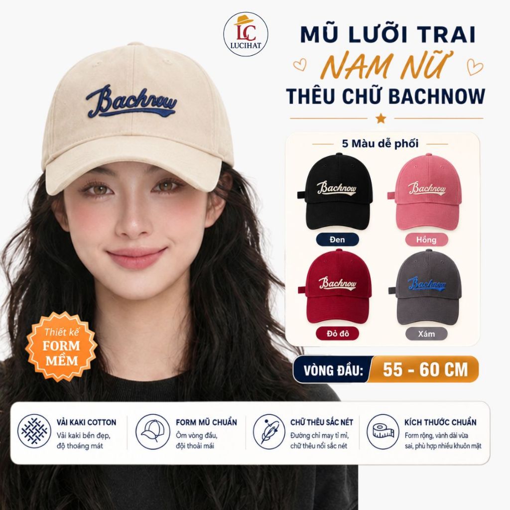 Mũ lưỡi trai nam nữ Bachnow form mềm, nón lưỡi trai vải cotton dày dặn, size to phù hợp nam nữ