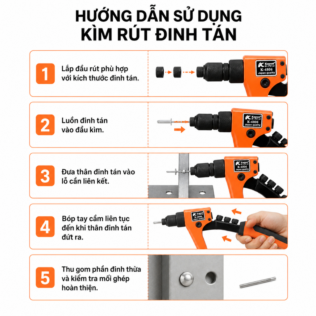 Kìm Rút Đinh Tán Trợ Lực Kapusi K-6806 Cao Cấp, Kìm Bấm Rive Cầm Tay Đa Năng