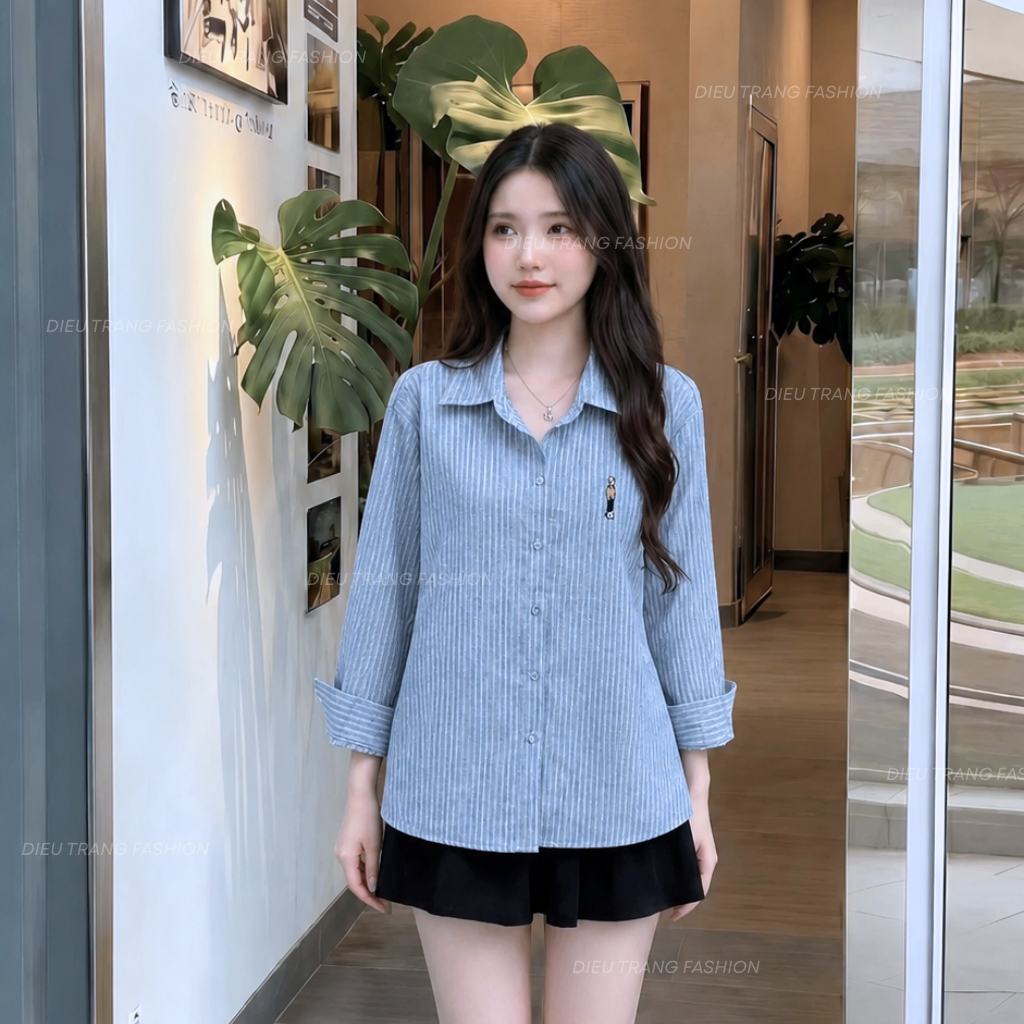 Áo Sơ Mi Nữ Tay Dài Kẻ Sọc Form Suông Thêu Logo Công Sở Big Size 55-90Kg AT9030 Diệu Trang Fashion