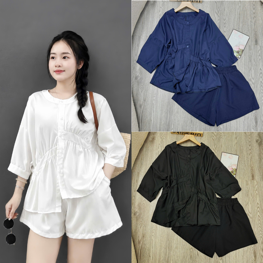 Set Áo Thun Cổ Tàu Bigsize Nữ  Tay Lửng Kèm Quần Đùi Lưng Cao Thoải Mái A293+Q500