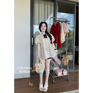 Set áo xoè phom rộng chấm bi kết nơ kèm quần short chuẩn đẹp