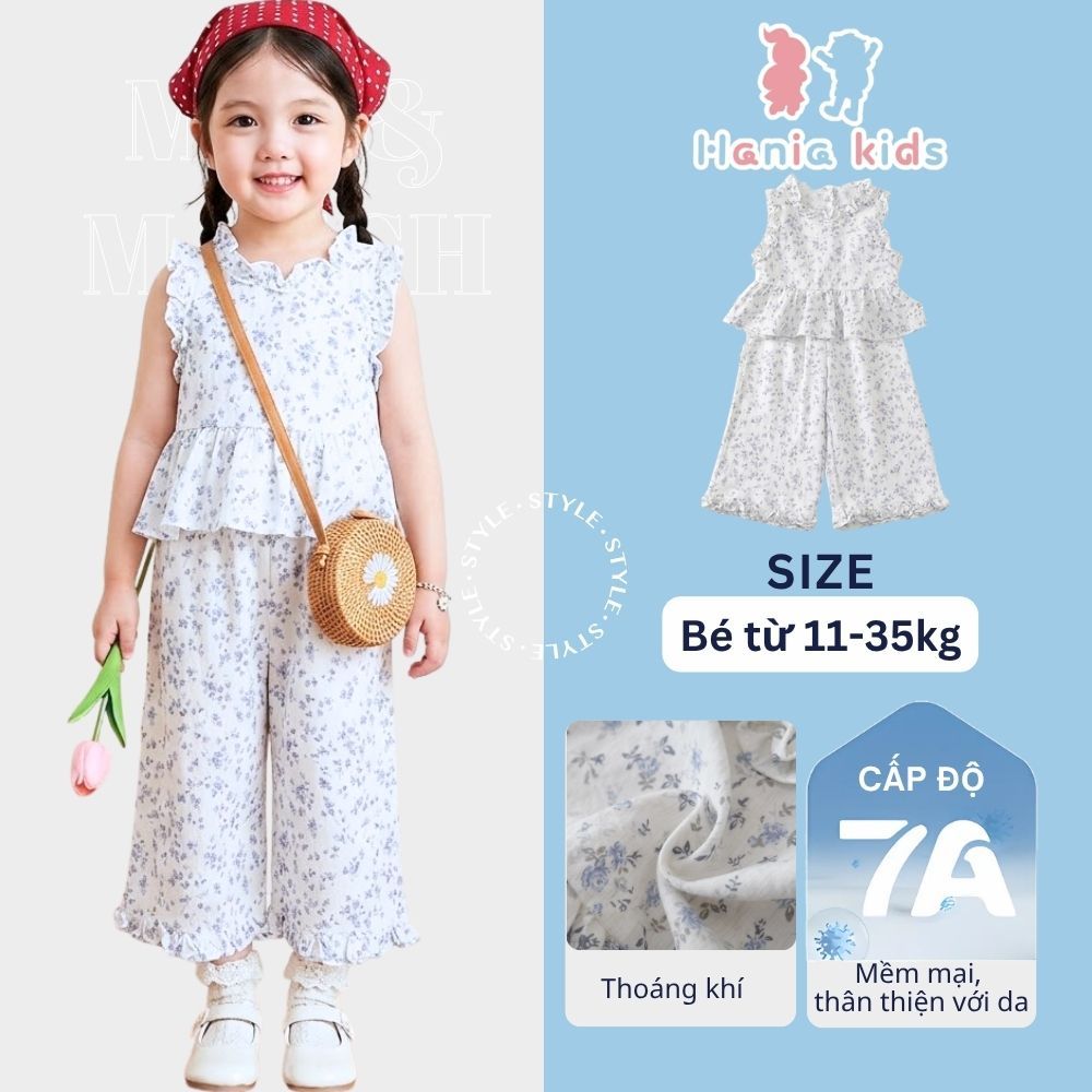 Set Bộ Bé Gái, Đồ Bộ Bé Gái Mặc Mùa Hè Họa Tiết Hoa Xanh Mát Chất Liệu Cotton Thoáng Mát