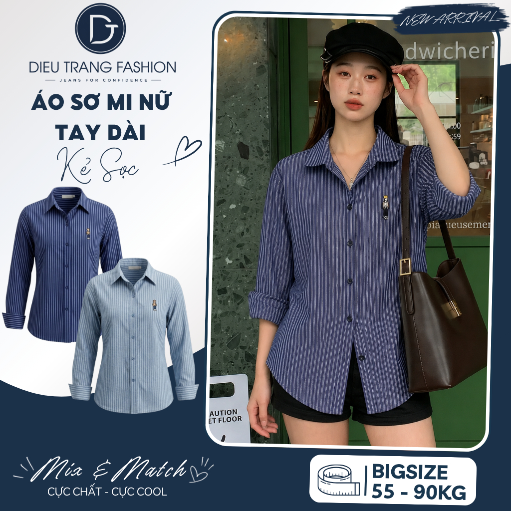 Áo Sơ Mi Nữ Tay Dài Kẻ Sọc Form Suông Thêu Logo Công Sở Big Size 55-90Kg AT9030 Diệu Trang Fashion