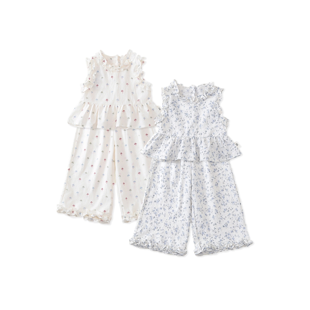 Set Bộ Bé Gái, Đồ Bộ Bé Gái Mặc Mùa Hè Họa Tiết Hoa Xanh Mát Chất Liệu Cotton Thoáng Mát