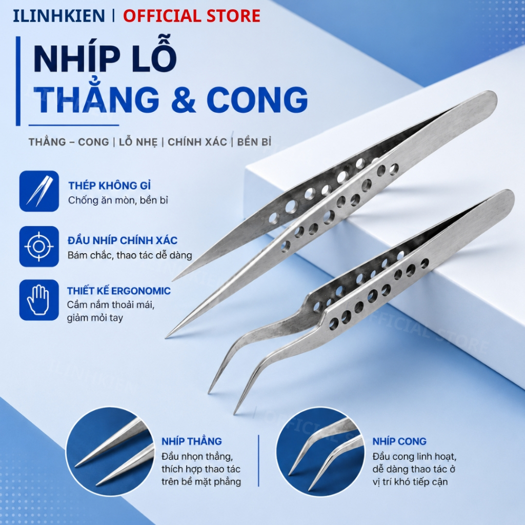 Nhíp gắp linh kiện điện tử màu trắng thép không gỉ dạng lỗ cao cấp đảm bảo chất lượng ILinhkien.