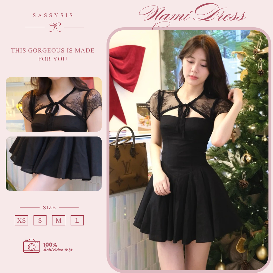 Nami Dress Set váy hai dây tùng phồng kèm áo khoác ren mỏng – thanh lịch và nữ tính