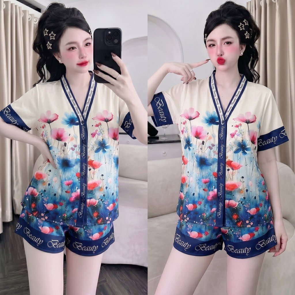 Bộ Pijama Lụa Cát Đùi Họa Tiết Cute Đồ Bộ Ngủ Nữ Mặc Nhà Quần Ngắn Áo Cộc Tay Form Rộng Thoải Mái