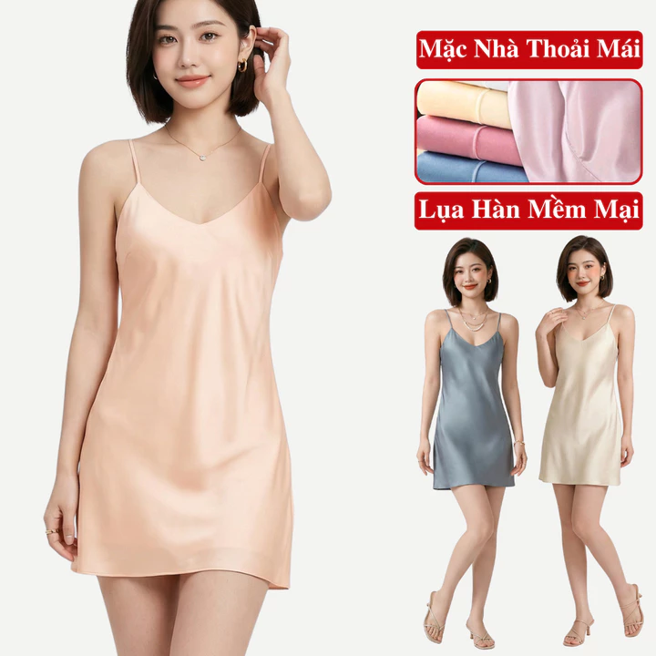 Váy Ngủ 2 Dây Lụa Mặc Nhà Madela Lụa Hàn Mịn Mát, Váy Ngủ Hai Dây Lụa Trong Bộ: Đồ Ngủ 2 Dây Mặc Nhà Nữ, Đầm Ngủ 2 Dây